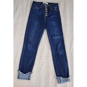 KanCan Jeans Womens 7 27 28x26 Crop Button Fly Stretch Crop Dark Blue Cuffed EUC